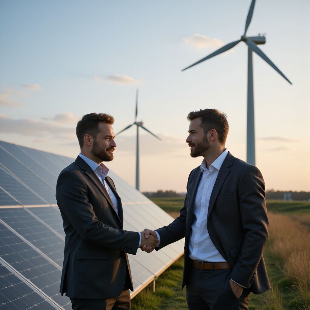 Two men in suits shaking hands near solar panels and wind turbines.