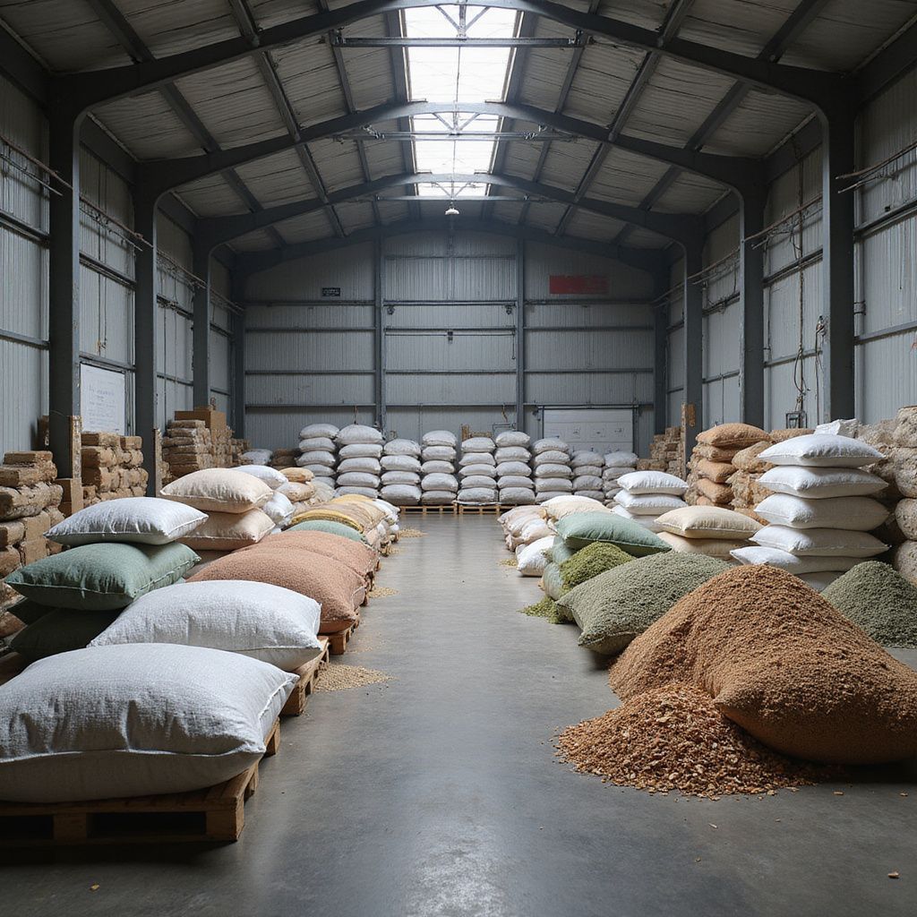 Warehouse interior with rows of pallets holding various sacks and mounds of materials, under a skylight.