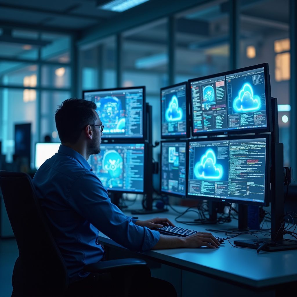Man in office uses multiple monitors displaying cloud computing data.