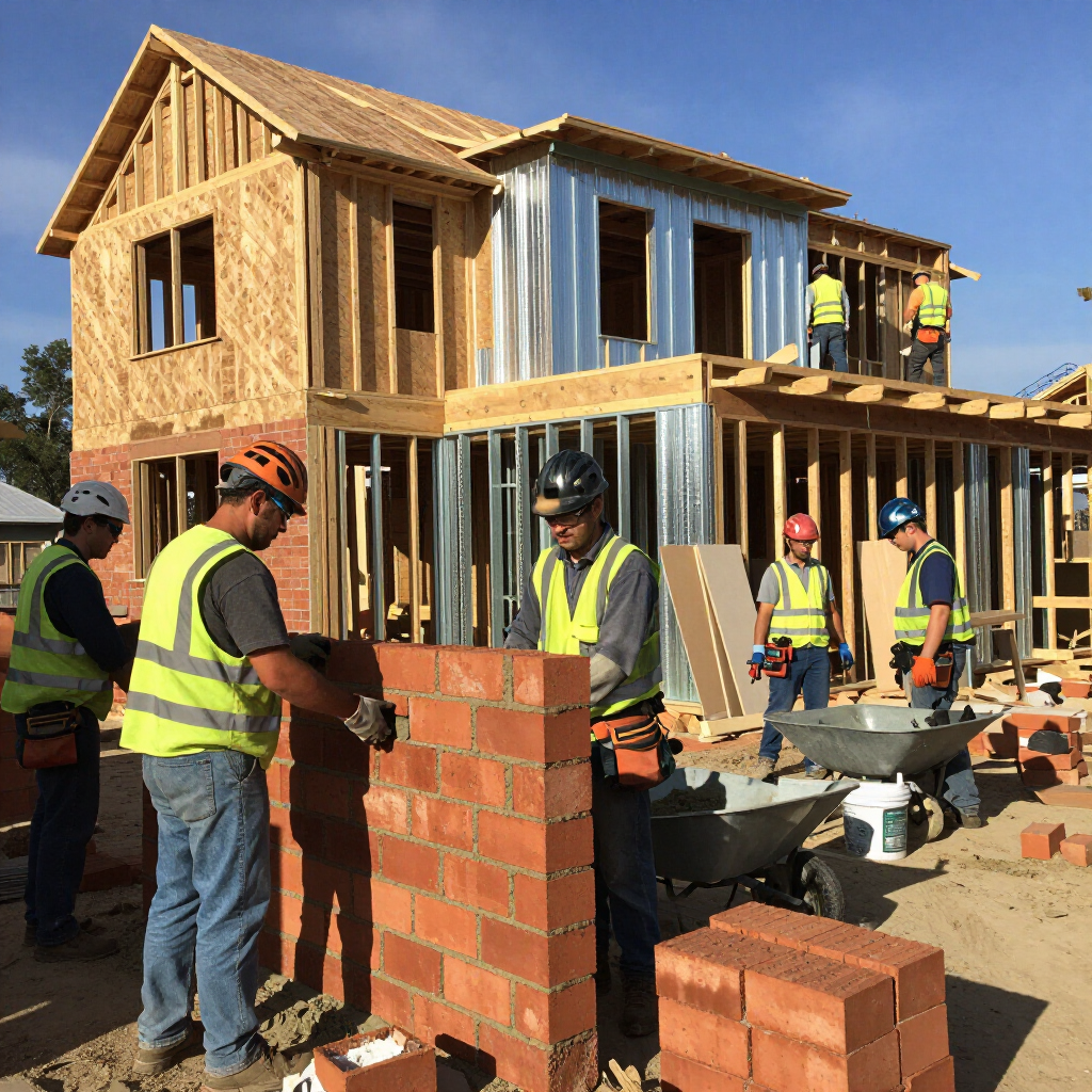Un equipo de obreros de la construcción levanta un muro de ladrillos en una casa en construcción.