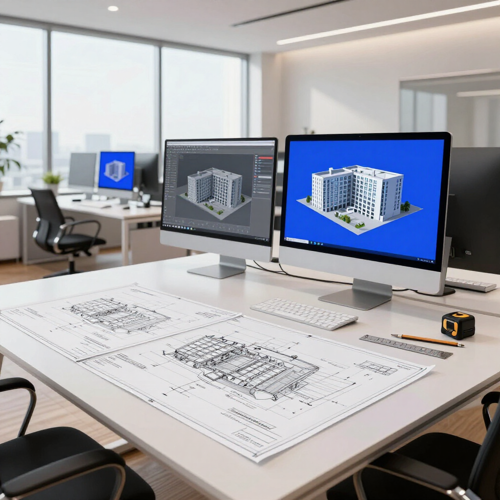 Oficina moderna con dos monitores que muestran diseños de edificios en 3D y planos arquitectónicos sobre el escritorio.