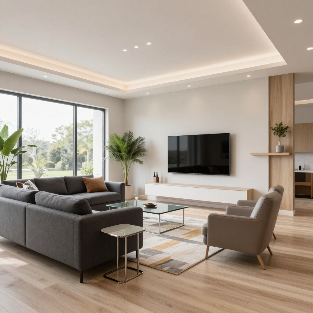 Sala de estar moderna con sofá seccional gris, televisor montado en la pared, sillones y grandes ventanales con luz natural.
