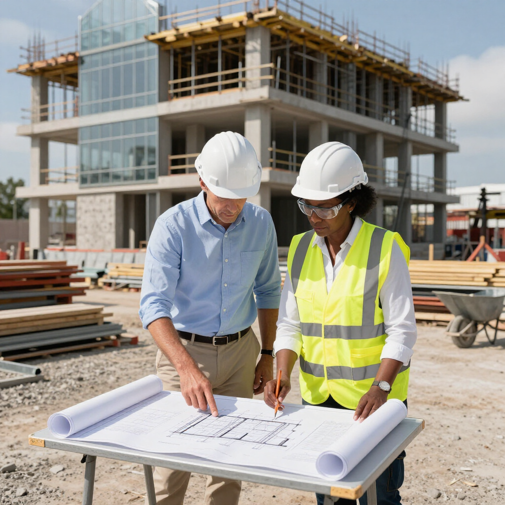 Dos obreros de la construcción, con cascos de seguridad, revisan los planos en una obra.