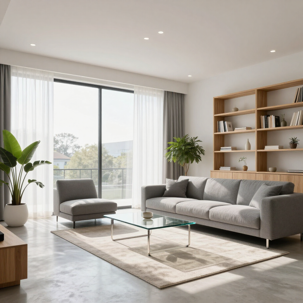 Sala de estar moderna y luminosa con sofá gris, sillón, mesa de centro de cristal, ventana grande y plantas de interior.