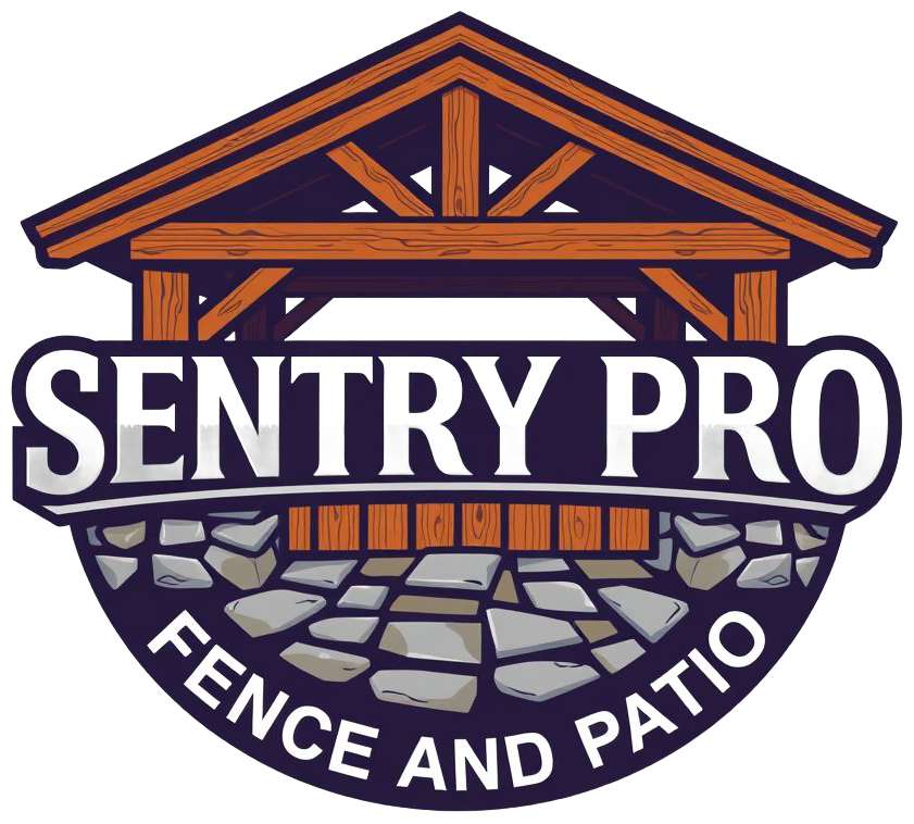 Sentry Pro logo with a brown fence and patio structure over bold white text