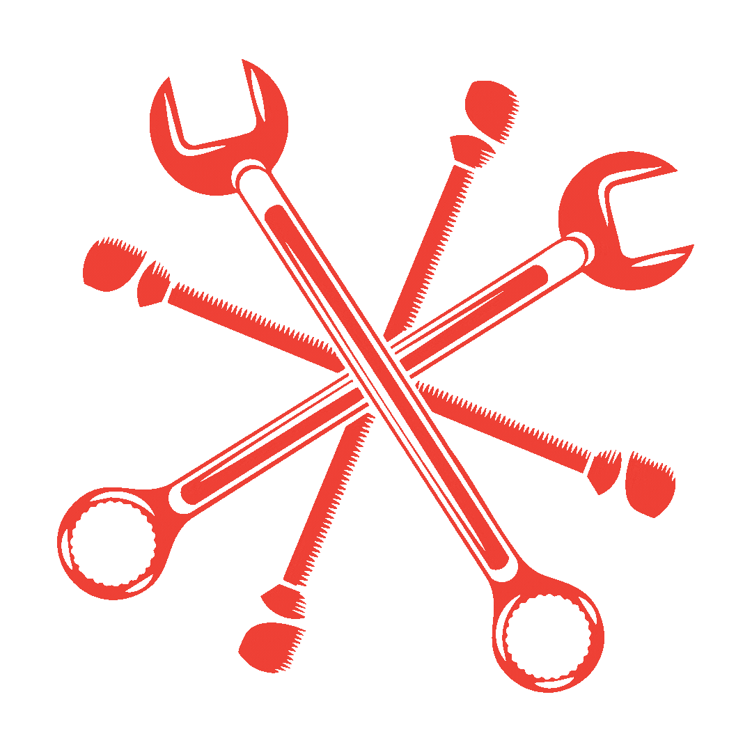Red crossed wrenches and other tools, white background.