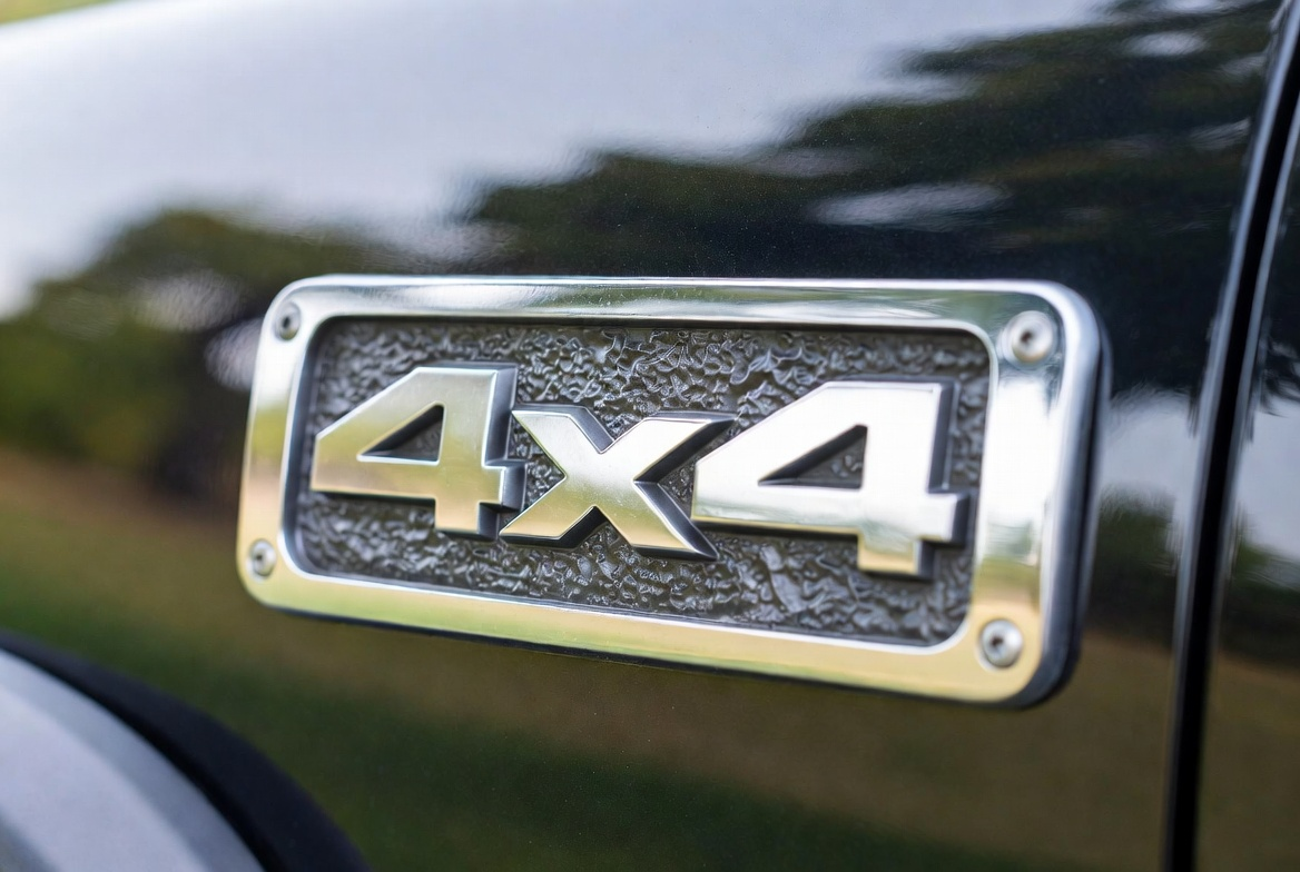 A silver 4x4 emblem with a textured black background, mounted on a dark vehicle body.