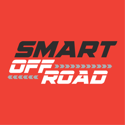 Red and white SMART OFF ROAD logo on a red background with tire tracks