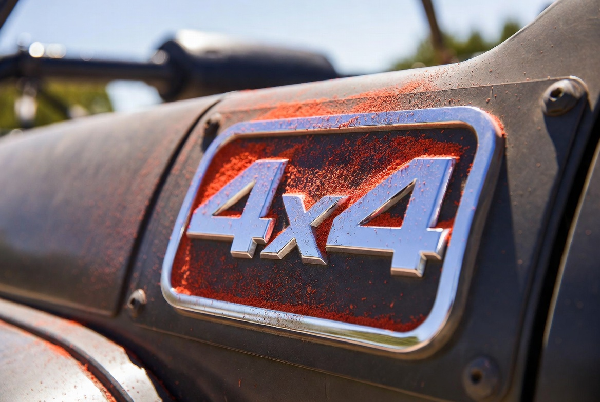 A metallic 4x4 emblem with silver lettering set against a rusted red background on a dark vehicle panel.