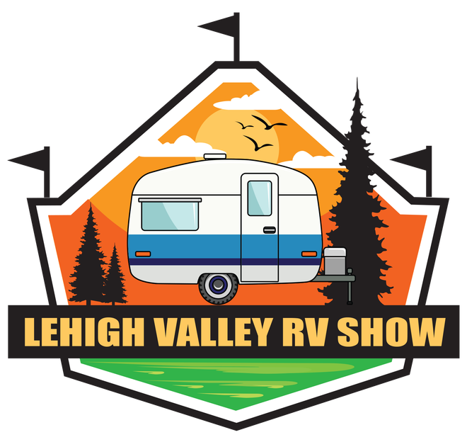 A logo for the lehigh valley rv show with a trailer and trees.