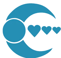 A blue crescent moon with three hearts inside of it.