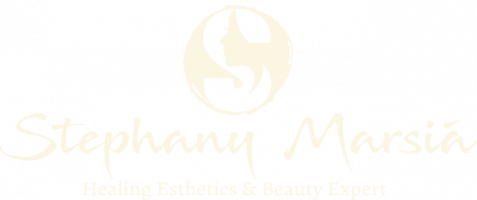 Gold “Stephany Marsia” beauty logo with circular monogram and faint tagline on white background