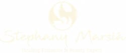 Gold &ldquo;Stephany Marsia&rdquo; beauty logo with circular monogram and faint tagline on white background