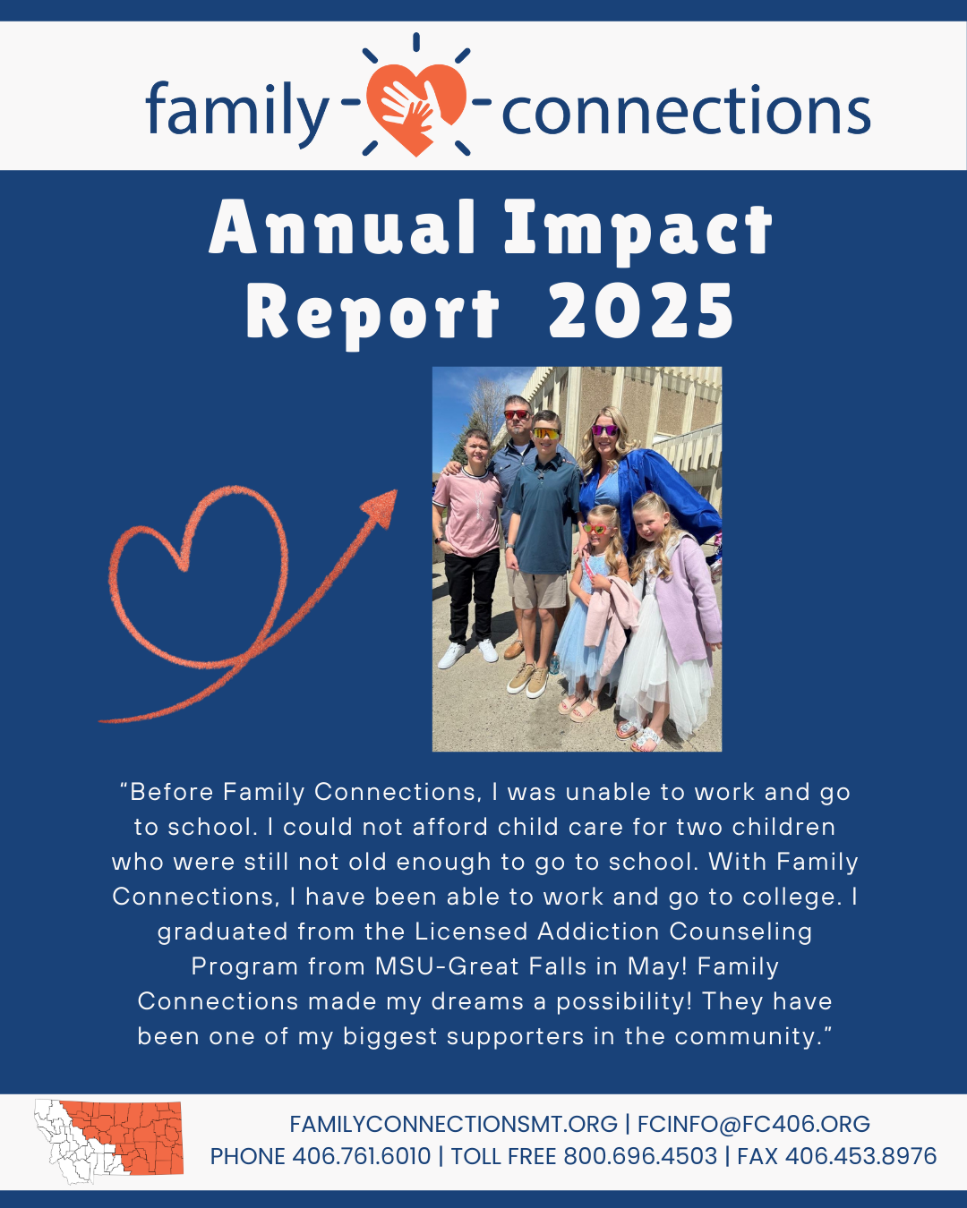 Family Connections Annual Impact Report 2025 cover, blue background with heart arrow and group photo