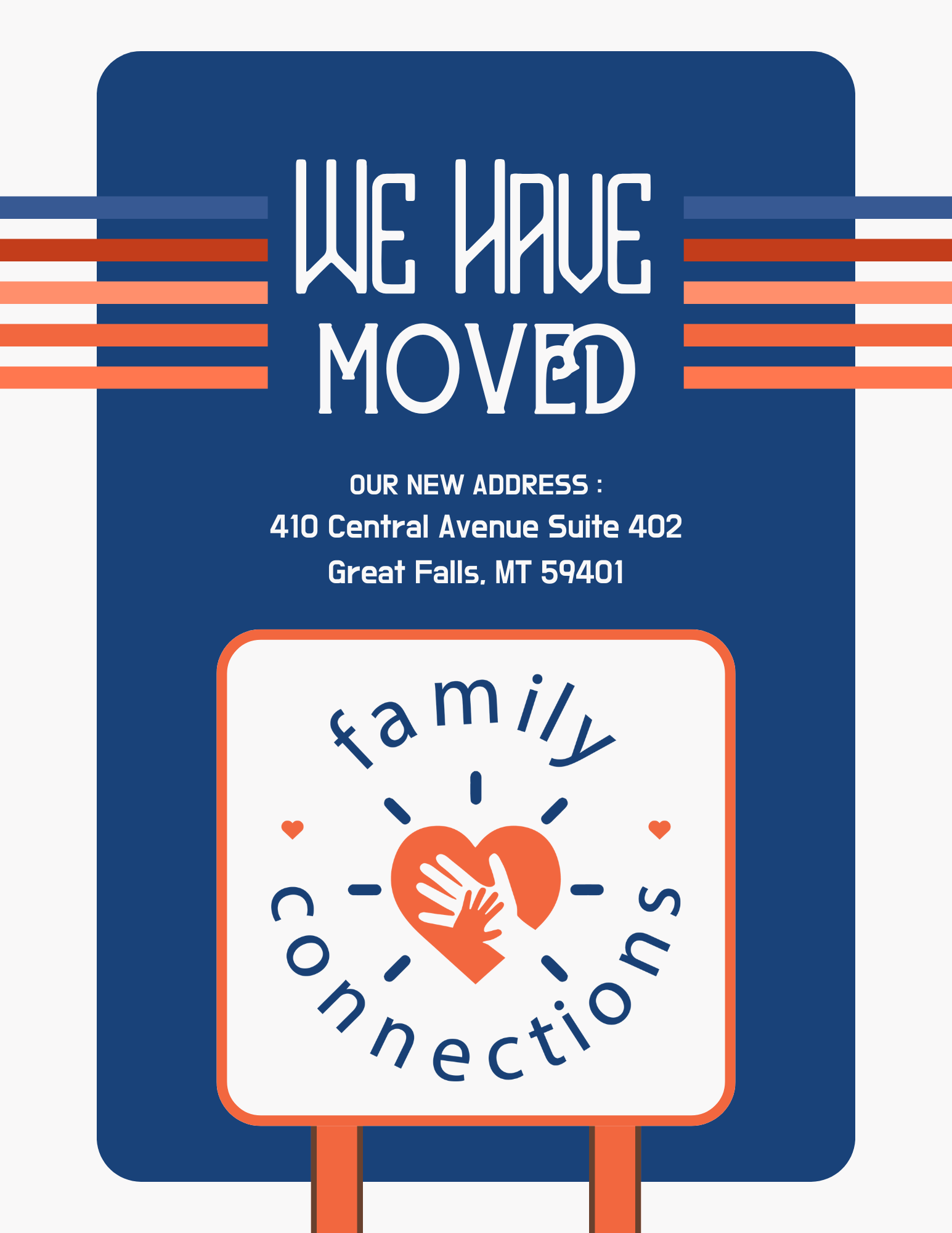 Blue “We Have Moved” notice with new address and Family Connection logo.