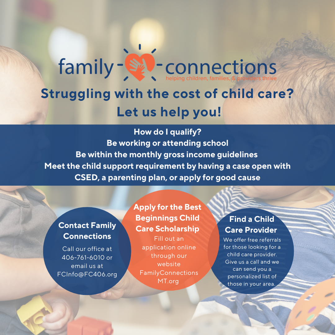 Family Connections child care assistance flyer with blue and orange circles on a beach background