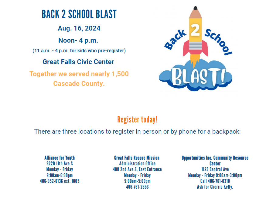 Back to School Blast flyer with backpacks, dates, and registration details at Grace Full Circle Center