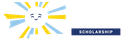 Smiling sunburst logo with blue and yellow rays and a blue label reading “SCHOLARSHIP”