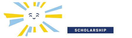 Smiling sunburst logo with blue and yellow rays and a blue label reading “SCHOLARSHIP”