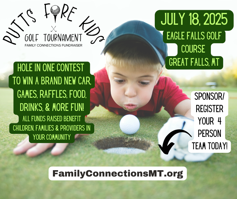 Kids golf tournament flyer with baby in blue cap reaching for golf ball, July 18, 2025, Eagle Falls Golf Course