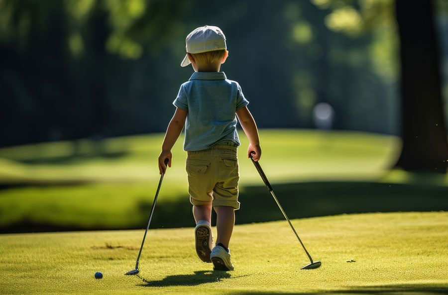Child golfing on a sunlit course, walking toward a ball with two clubs