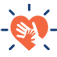 Orange heart with a white handshake inside, surrounded by blue rays on a white background