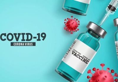 COVID-19 vaccine vials and needles on a cyan background with red virus models.