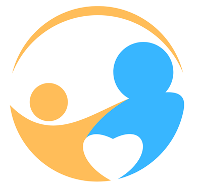 A yellow and blue logo featuring two abstract figures and a central white heart, all enclosed within a yellow arc.