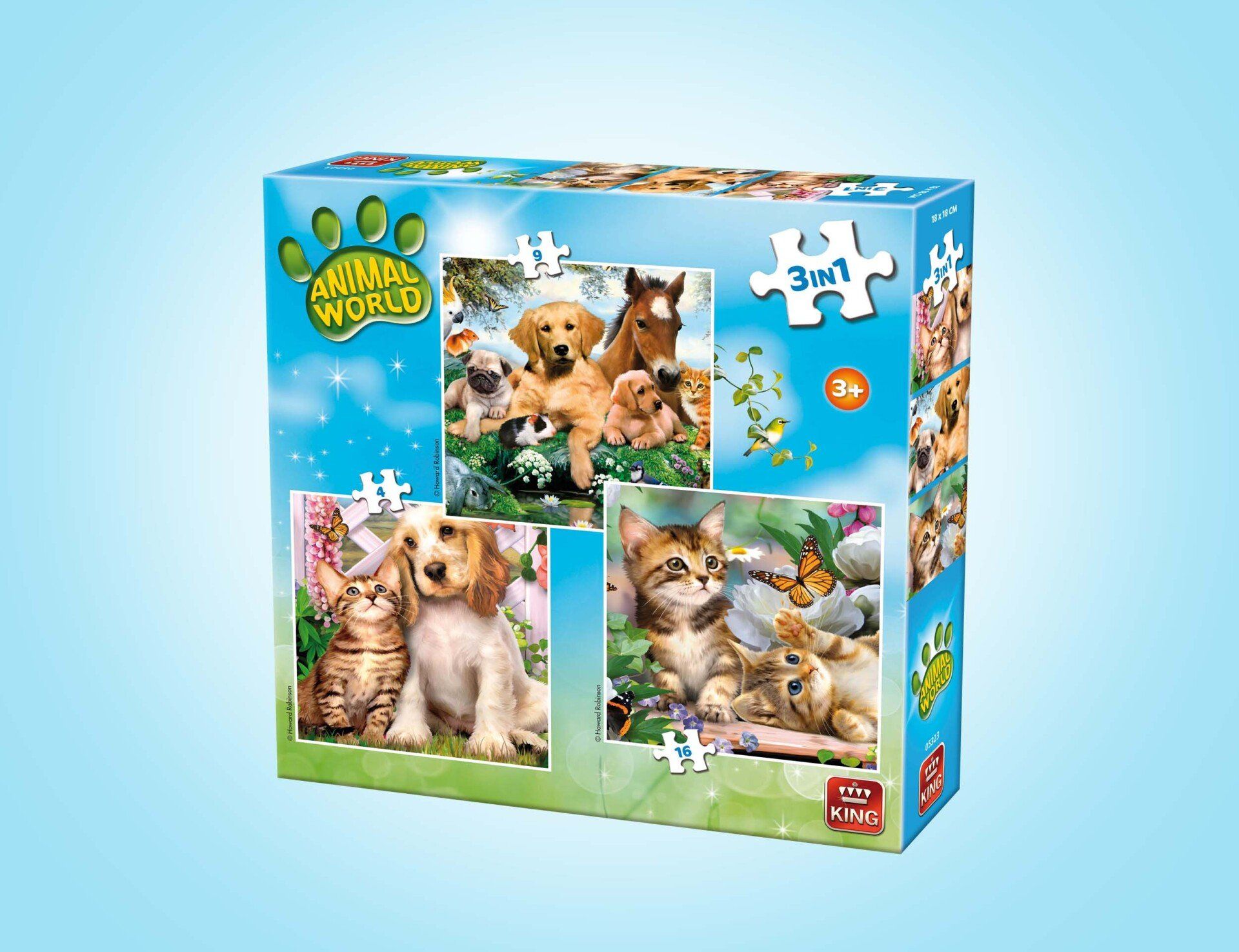 Een blauwe doos voor een Animal World 3-in-1 puzzel met collages van verschillende puppy's, kittens en een paard.