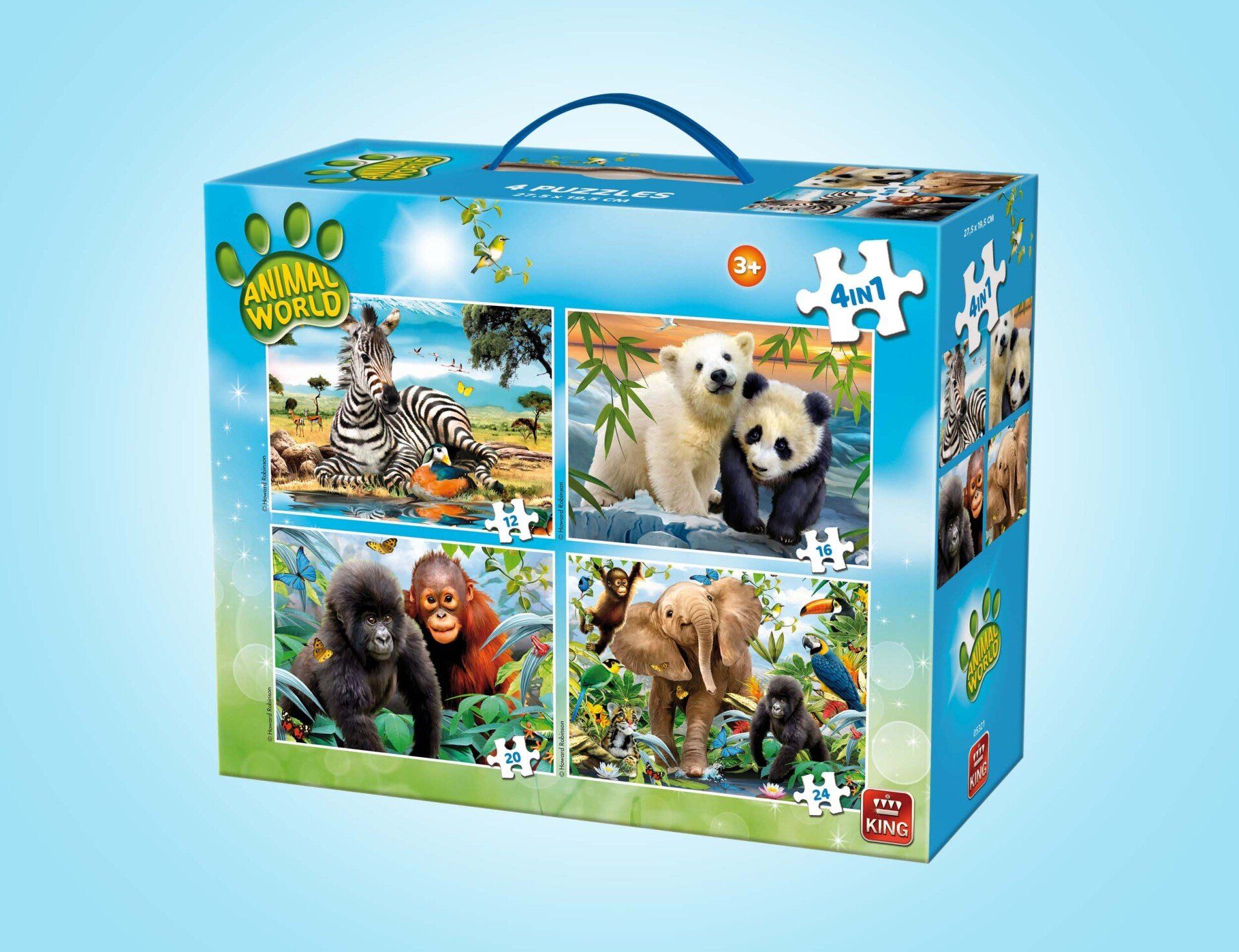Een blauwe draagtas met daarin vier puzzels met dieren als thema: zebra's, een panda, een gorilla en olifanten.