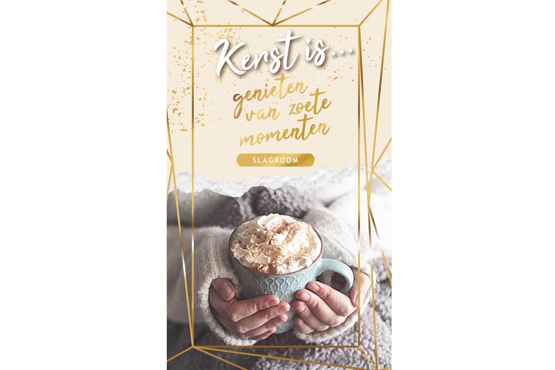 Handen houden een mok warme chocolademelk met slagroom vast, omlijst door gouden lijnen met de Nederlandse tekst 