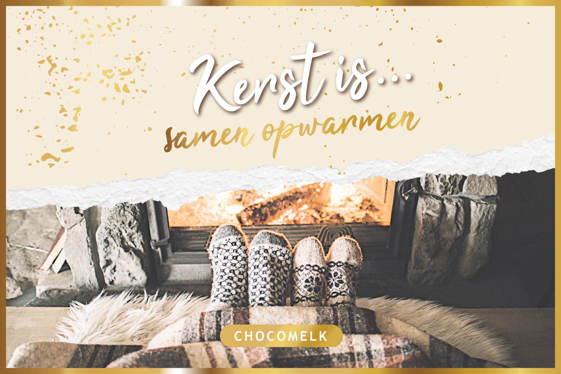 Feet in patterned winter socks resting before a fireplace. Text overlay: 