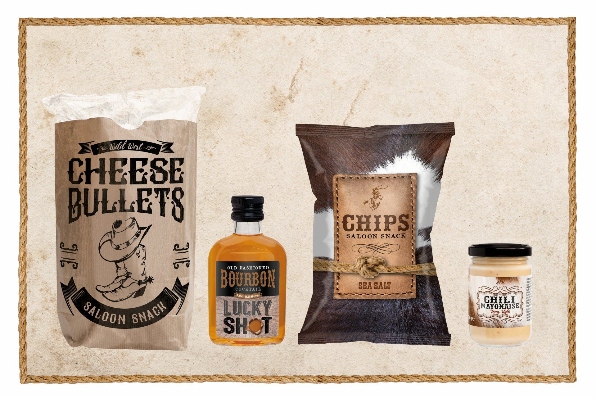 Een cadeauset in rustieke stijl met Cheese Bullets, een fles Lucky Shot, een zak chips en een klein potje dipsaus.