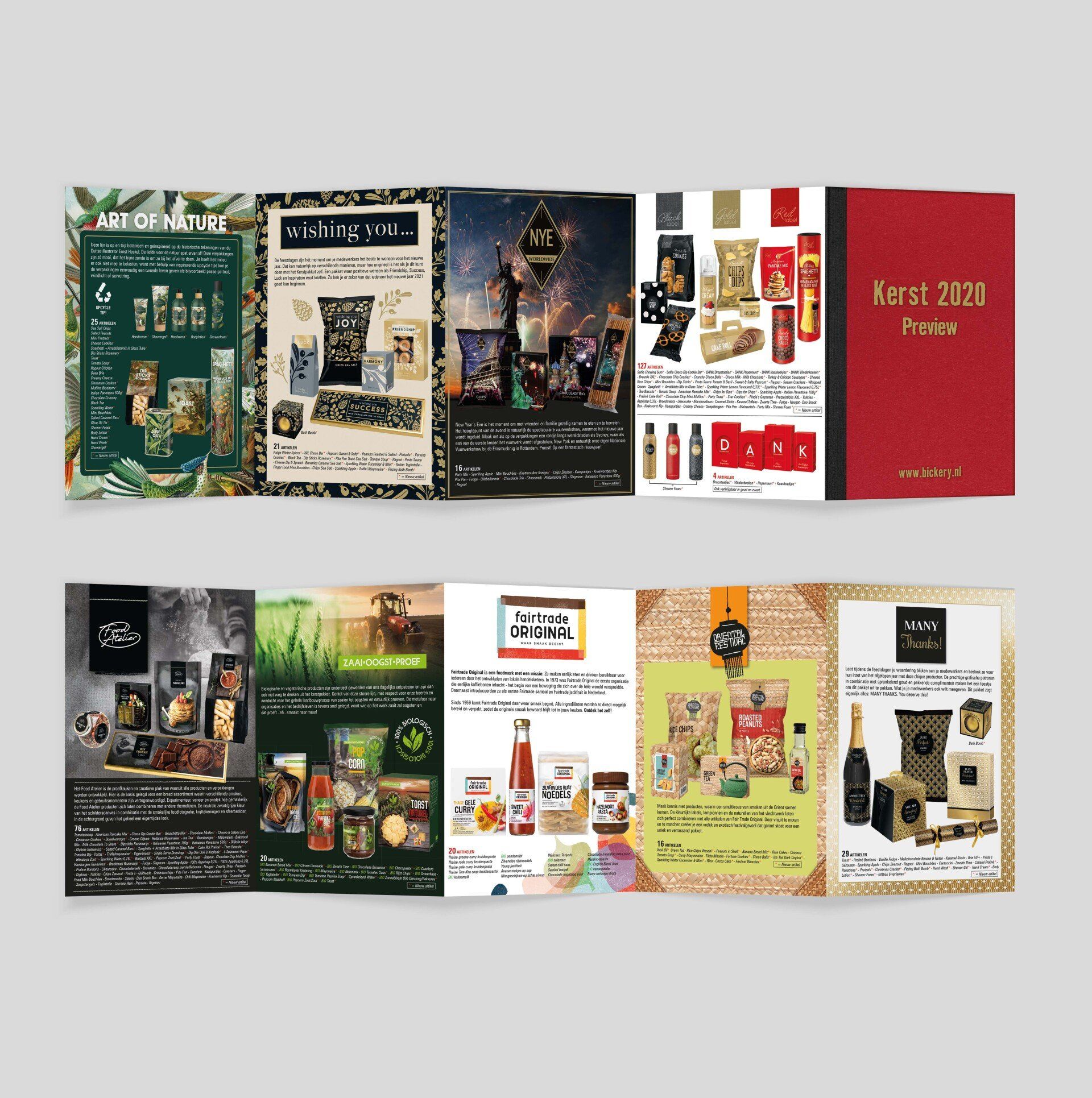 Een productcatalogus van twee rijen met kleurrijke advertenties voor diverse voedingsmiddelen, dranken en cadeauartikelen, gedateerd maart 2020.