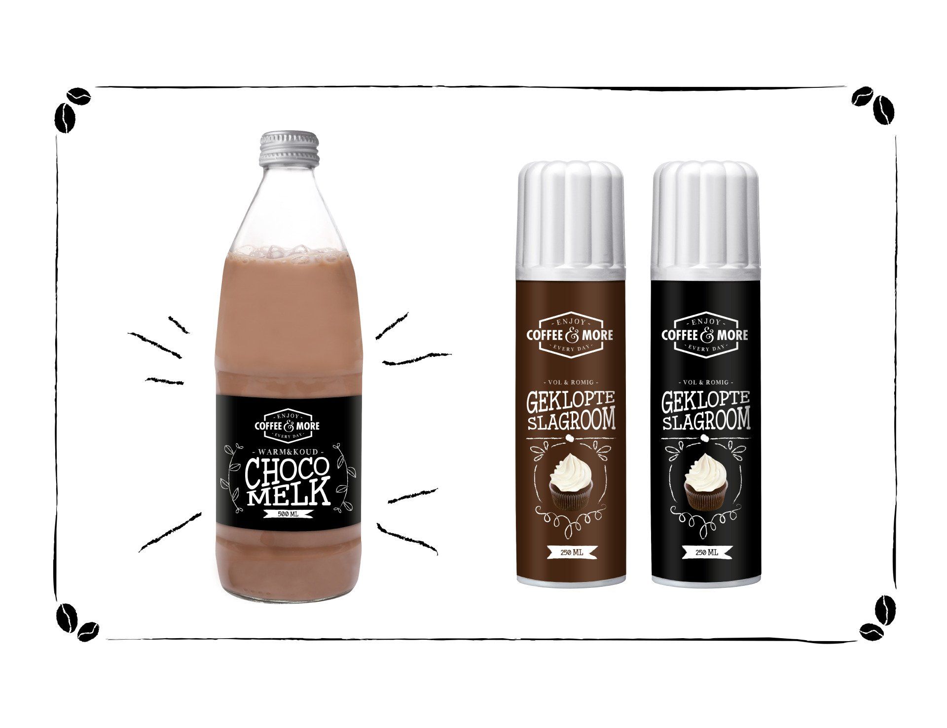 Een fles chocolademelk staat naast twee spuitbussen slagroom op een witte achtergrond.