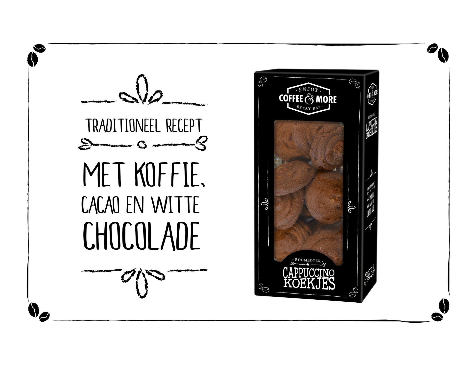 Een doos met koffie-, cacao- en witte chocoladekoekjes met Nederlandse tekst op een witte achtergrond.