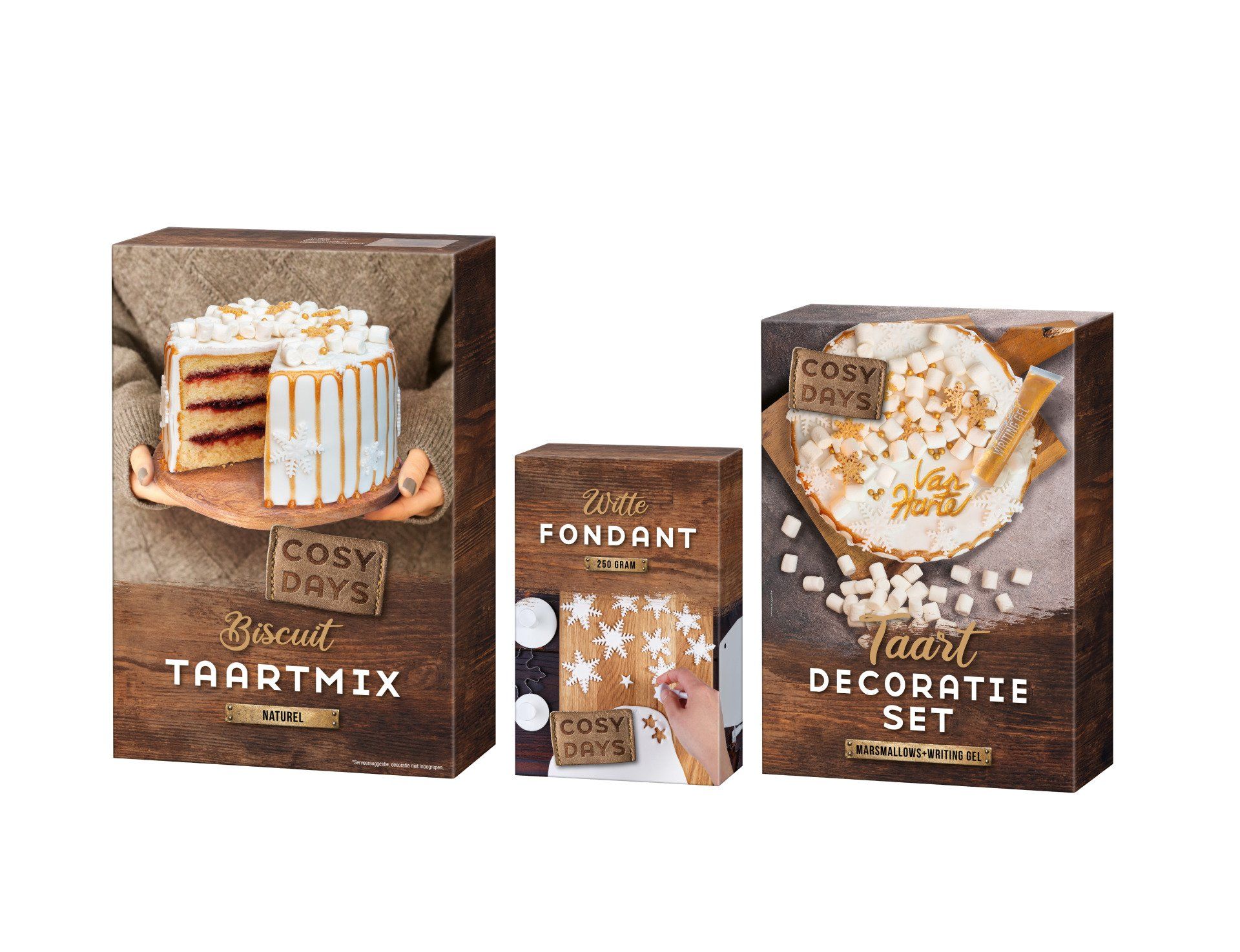 Drie dozen met bakproducten van Cosy Days: een biscuitcakemix, fondant en een taartdecoratieset.