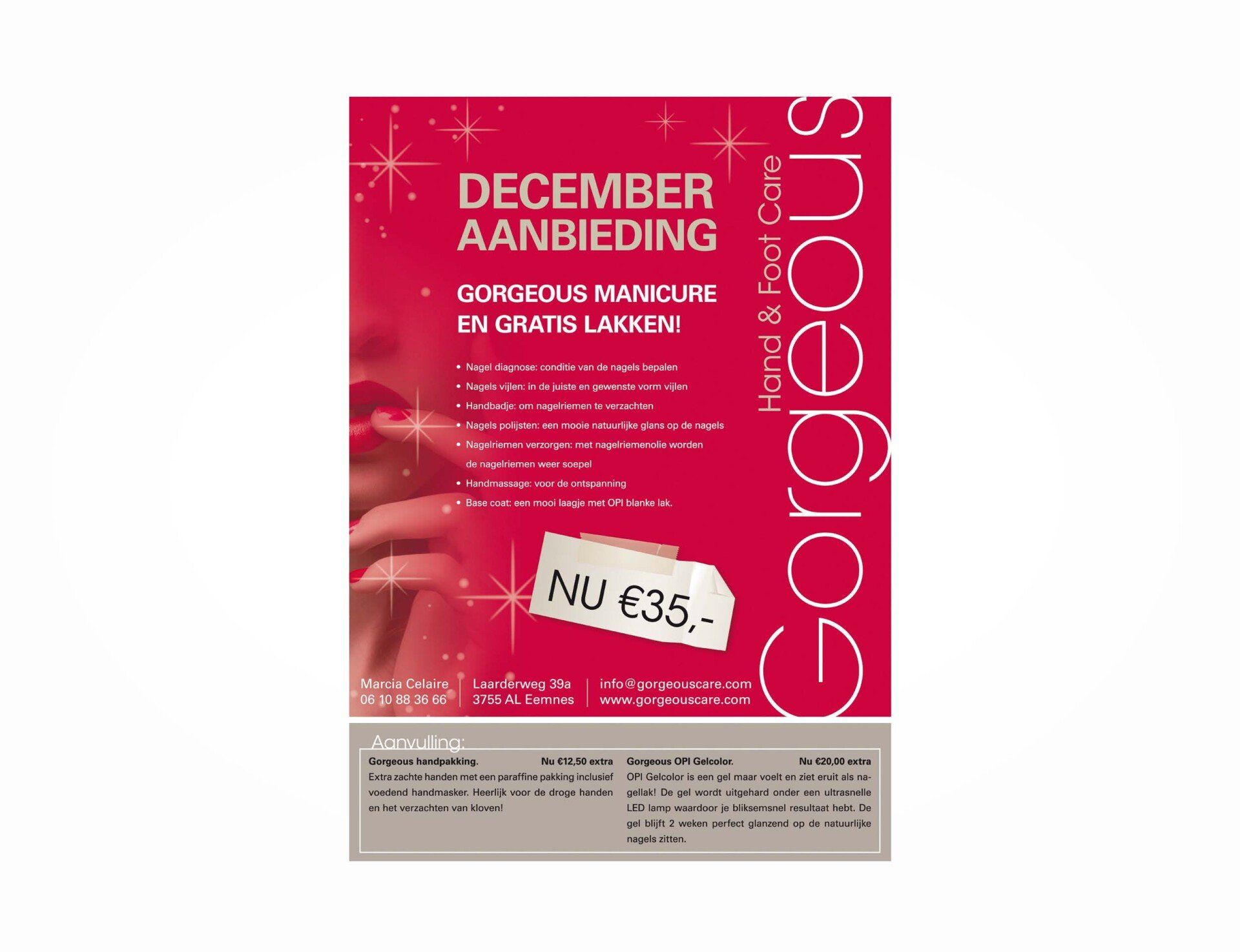 Roze promotiefolder voor een decemberaanbieding voor beautyproducten, inclusief wimpers voor €35, met het merk 