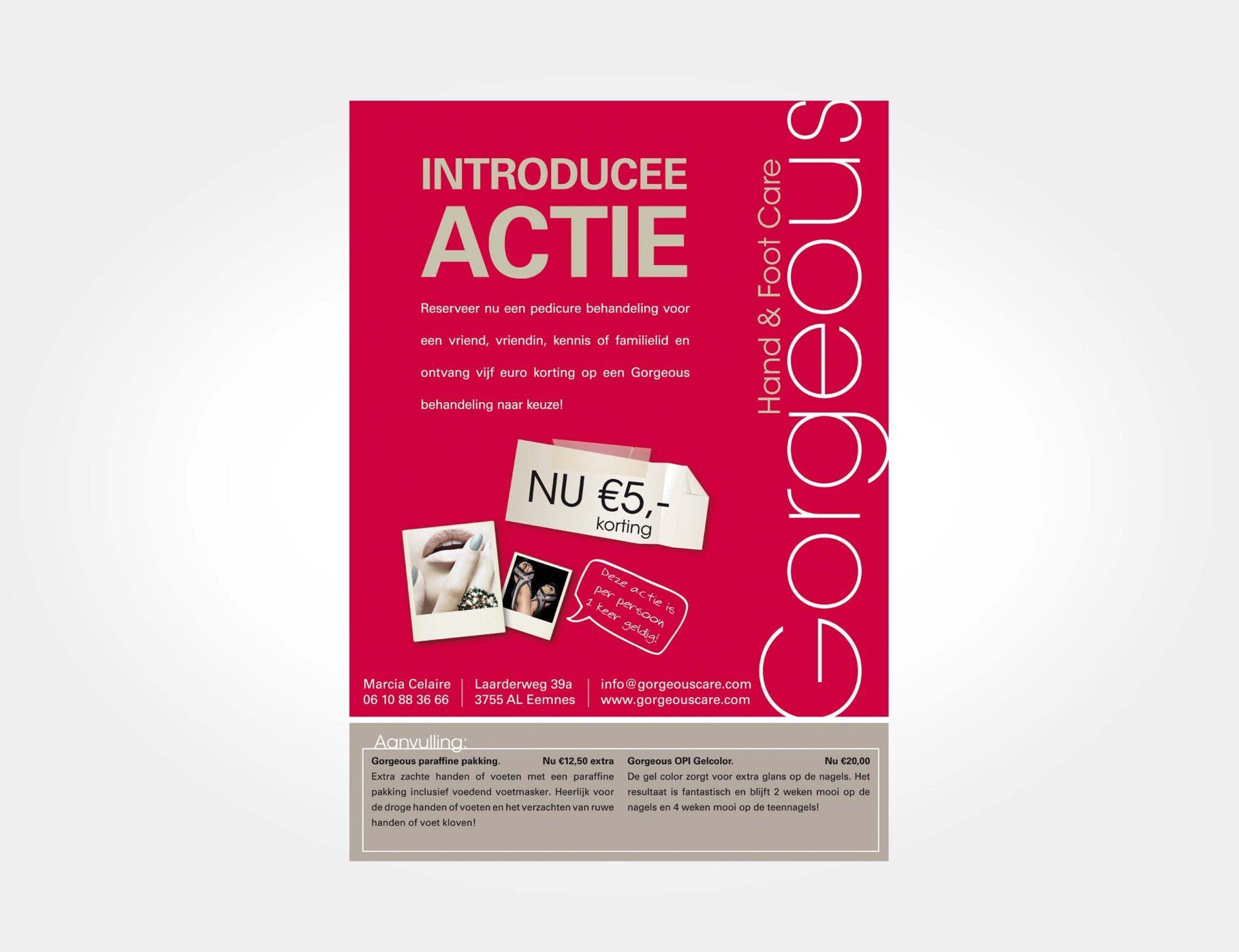 Een promotiefolder in roze en grijs met een aanbieding voor een beautydeal van €65, met kleine foto's en tekst in het Nederlands.