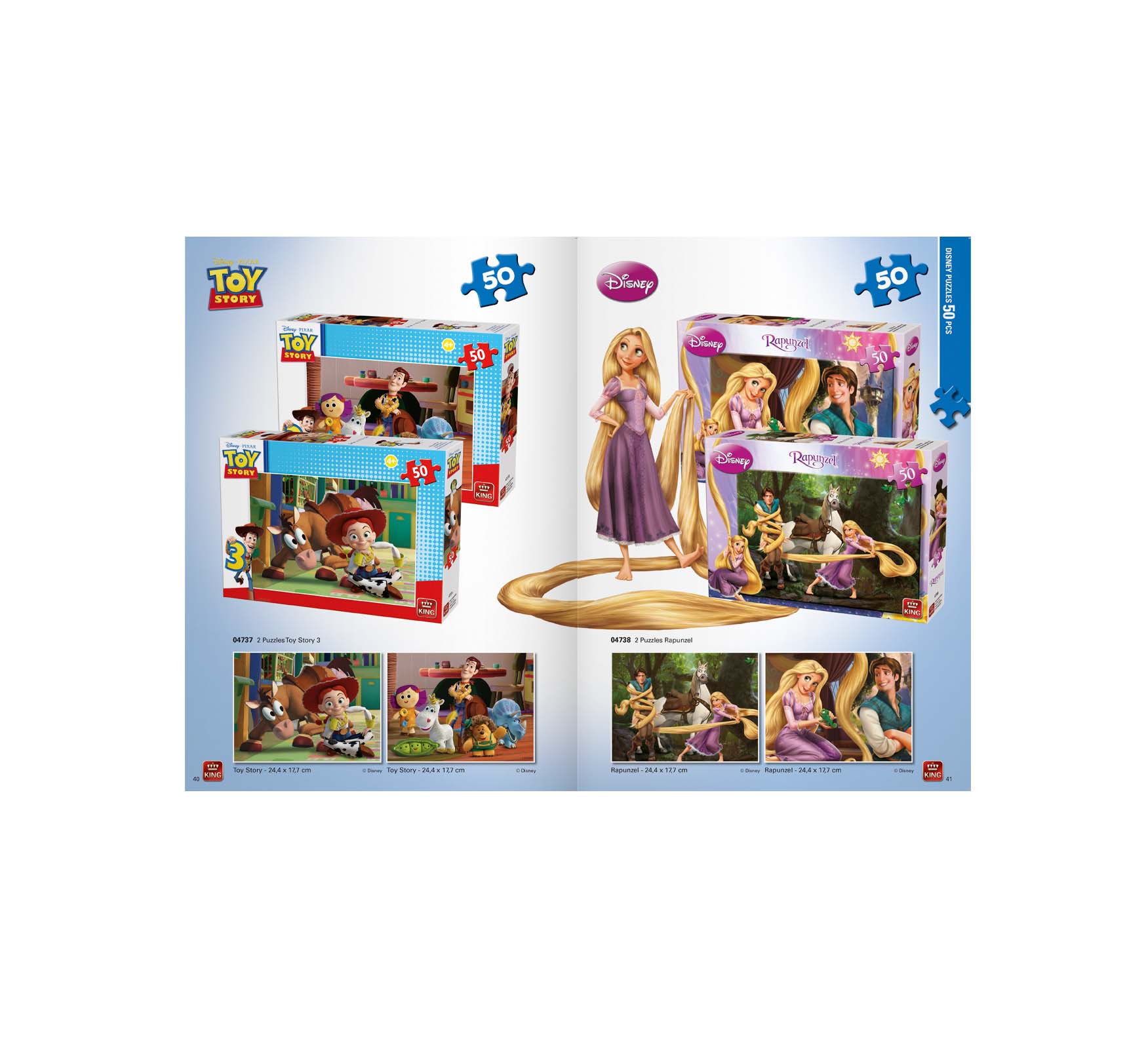 Cataloguspagina met twee Disney-speelgoedsets in dozen: Toy Story links en Rapunzel rechts, met productfoto's.