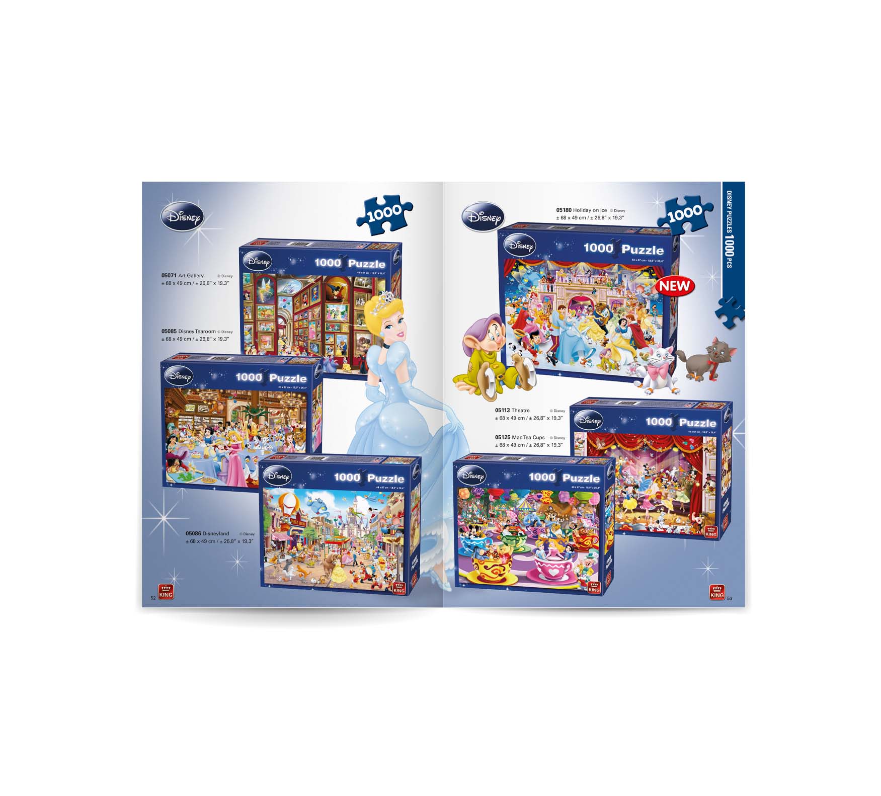Een cataloguspagina met Disney-puzzels van 1000 stukjes, met afbeeldingen van prinsessen en andere iconische personages.