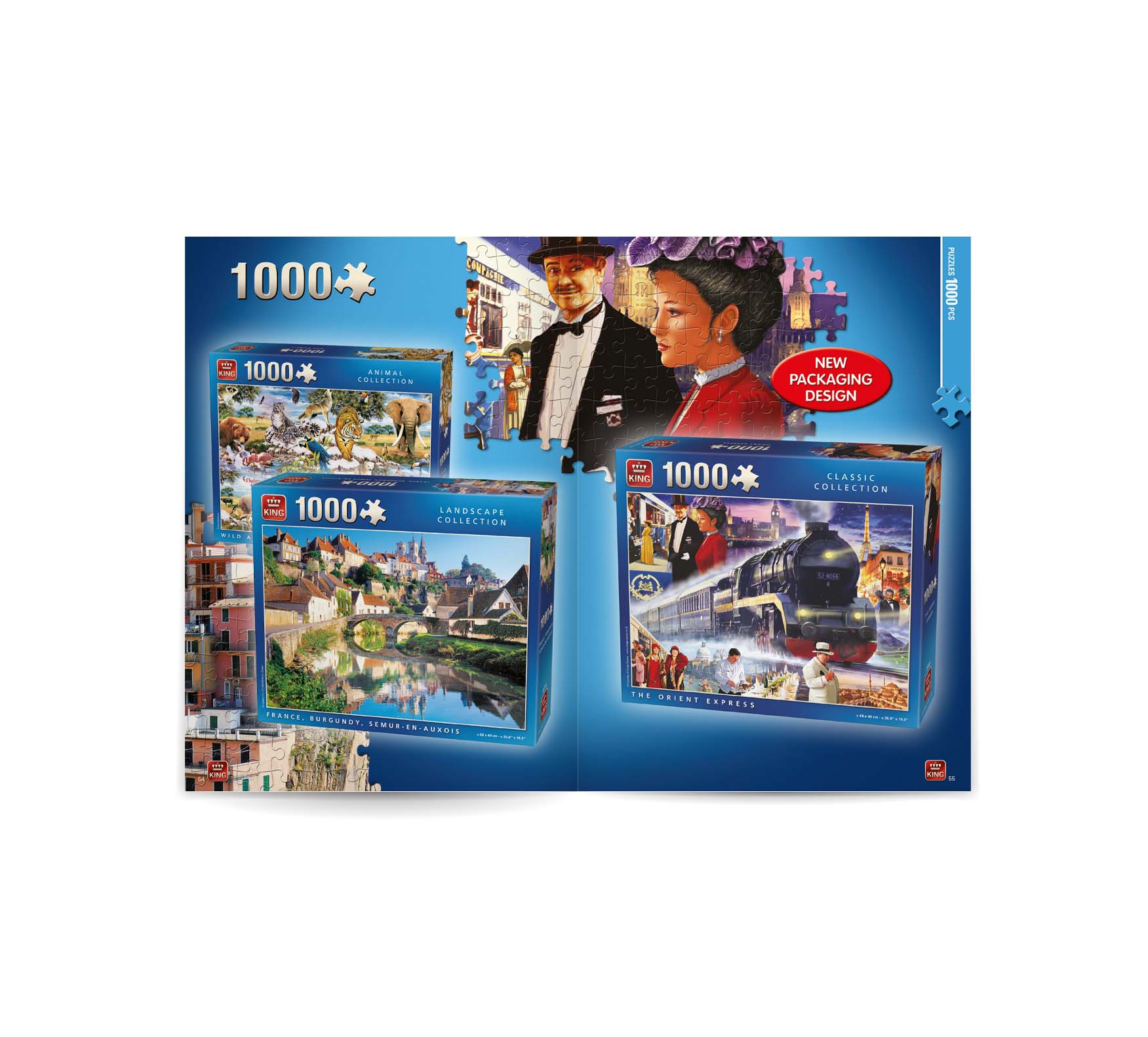 Een promotiedisplay met drie puzzeldozen van 1000 stukjes, waarop afbeeldingen van Europese architectuur en een stoomtrein te zien zijn.