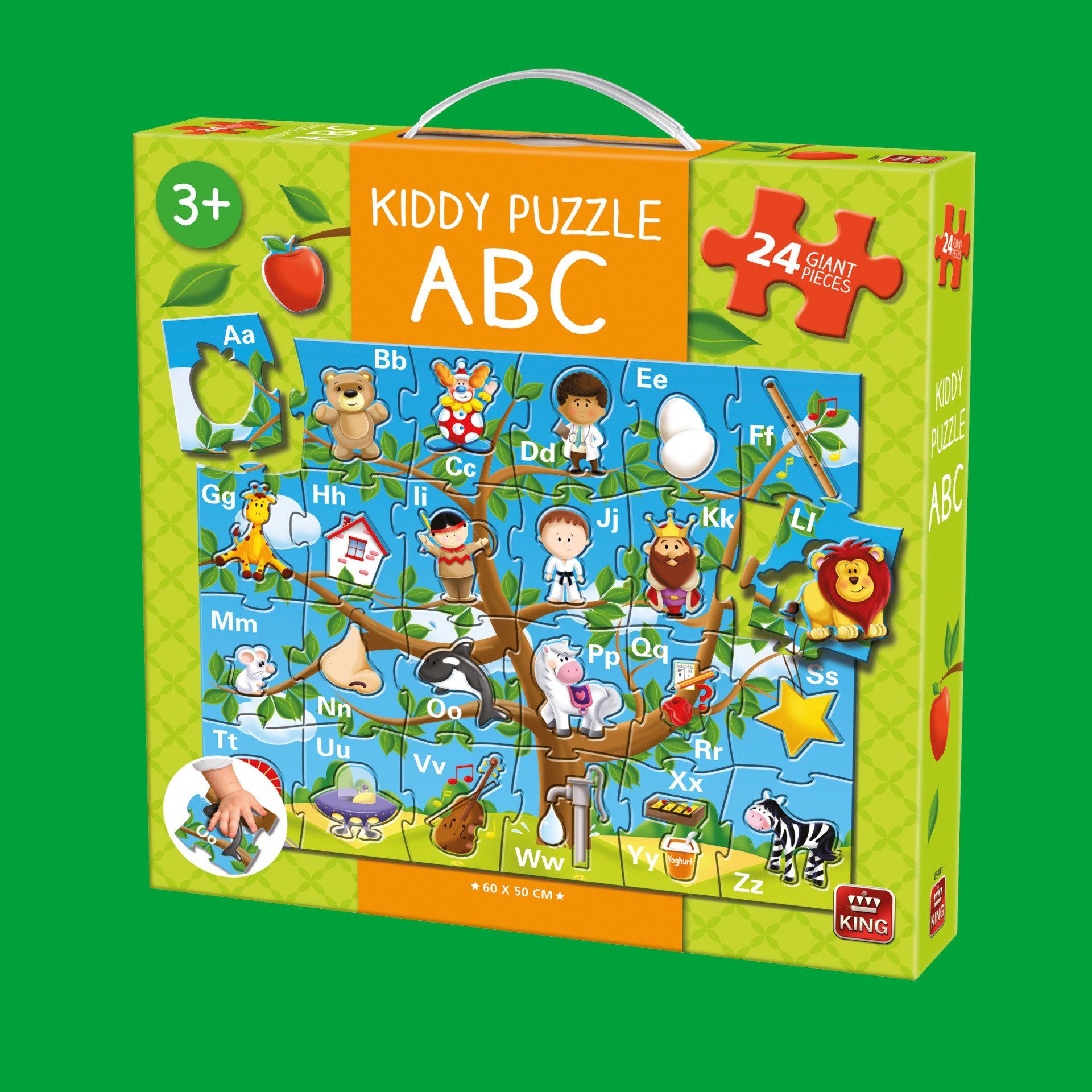 Een groene doos voor een 24-delige Kiddy Puzzle ABC-puzzel, met een geïllustreerde boom met letters en voorwerpen voor kinderen.