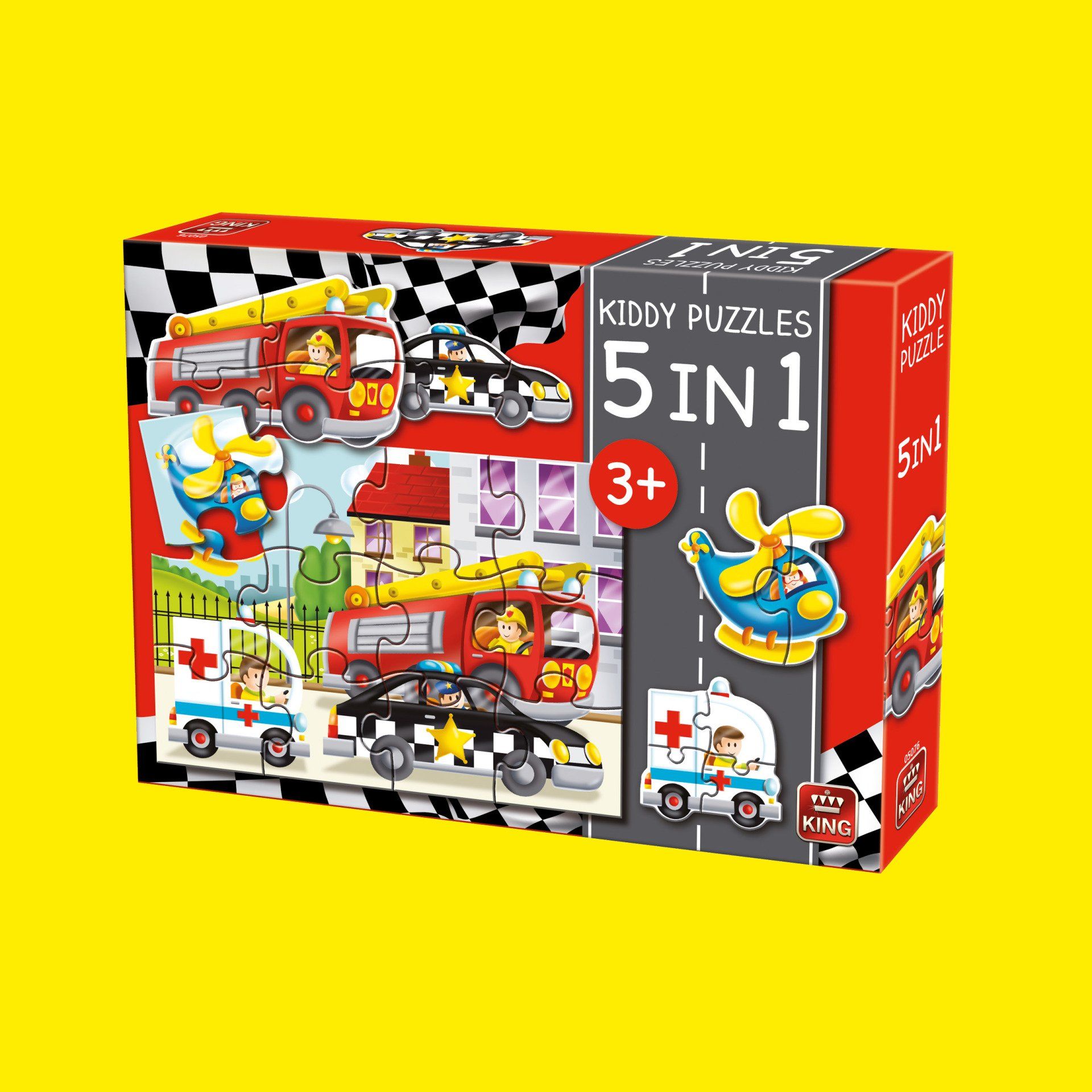 Doos voor een 5-in-1 kinderpuzzelset met illustraties van kleurrijke hulpvoertuigen zoals brandweerwagens en ambulances.