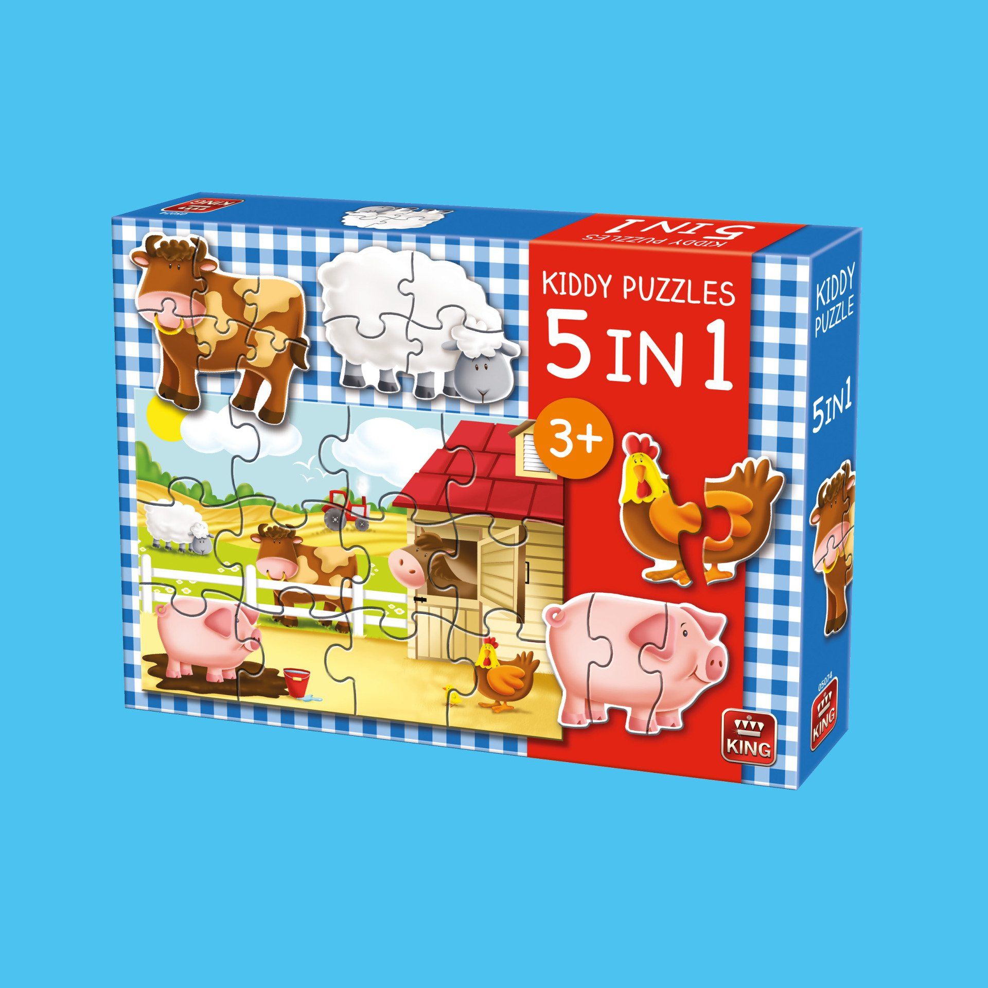 Een doos voor een 5-in-1 kinderpuzzel met boerderijthema, met afbeeldingen van een koe, schaap, haan en varken.