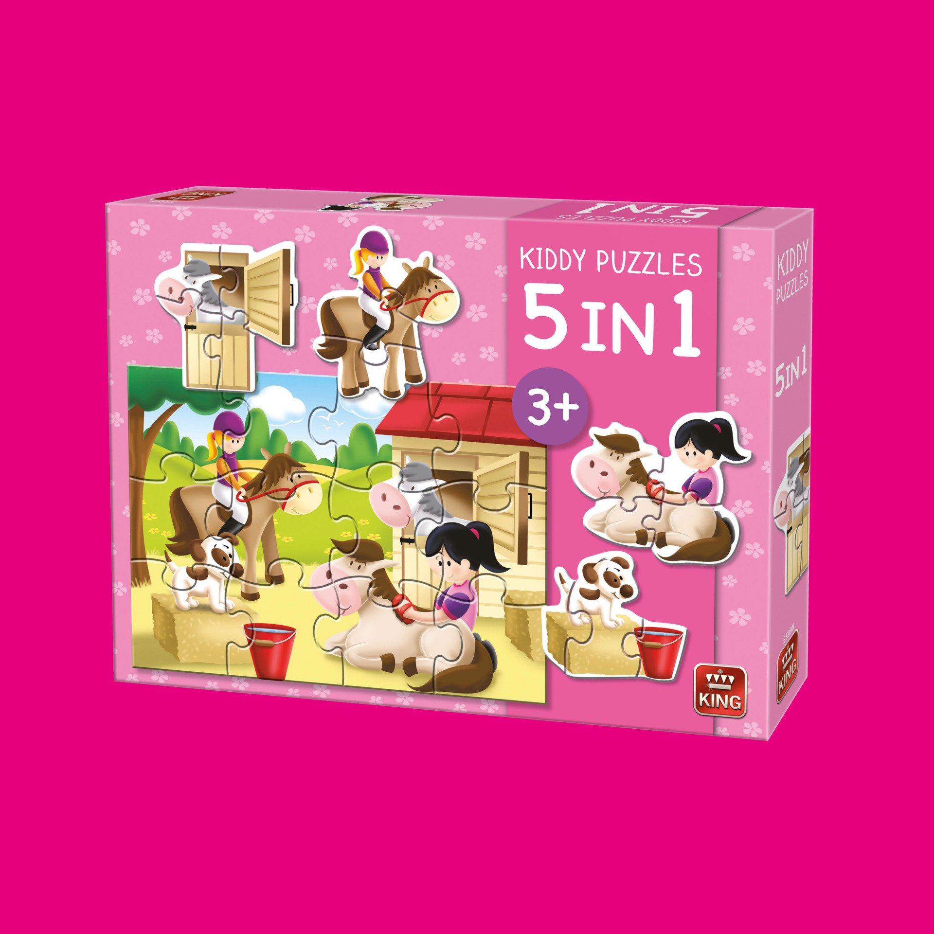 Een 5-in-1 puzzelset met cartoonachtige scènes van kinderen met paarden, pony's en een hond in een stal.