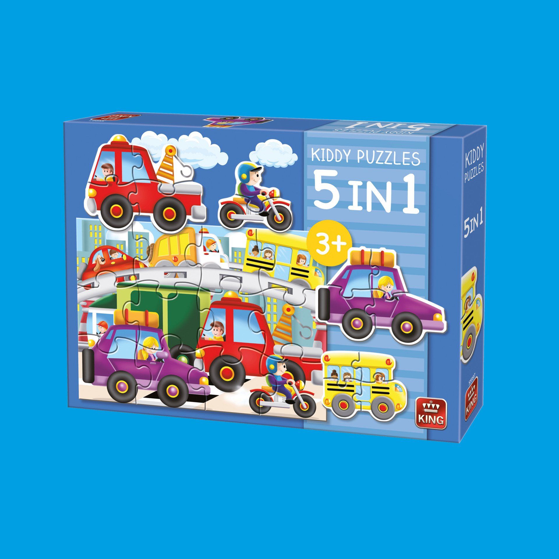 Doos voor een 5-in-1 kinderpuzzelset met kleurrijke illustraties van tekenfilmvoertuigen in een stadsstraat.