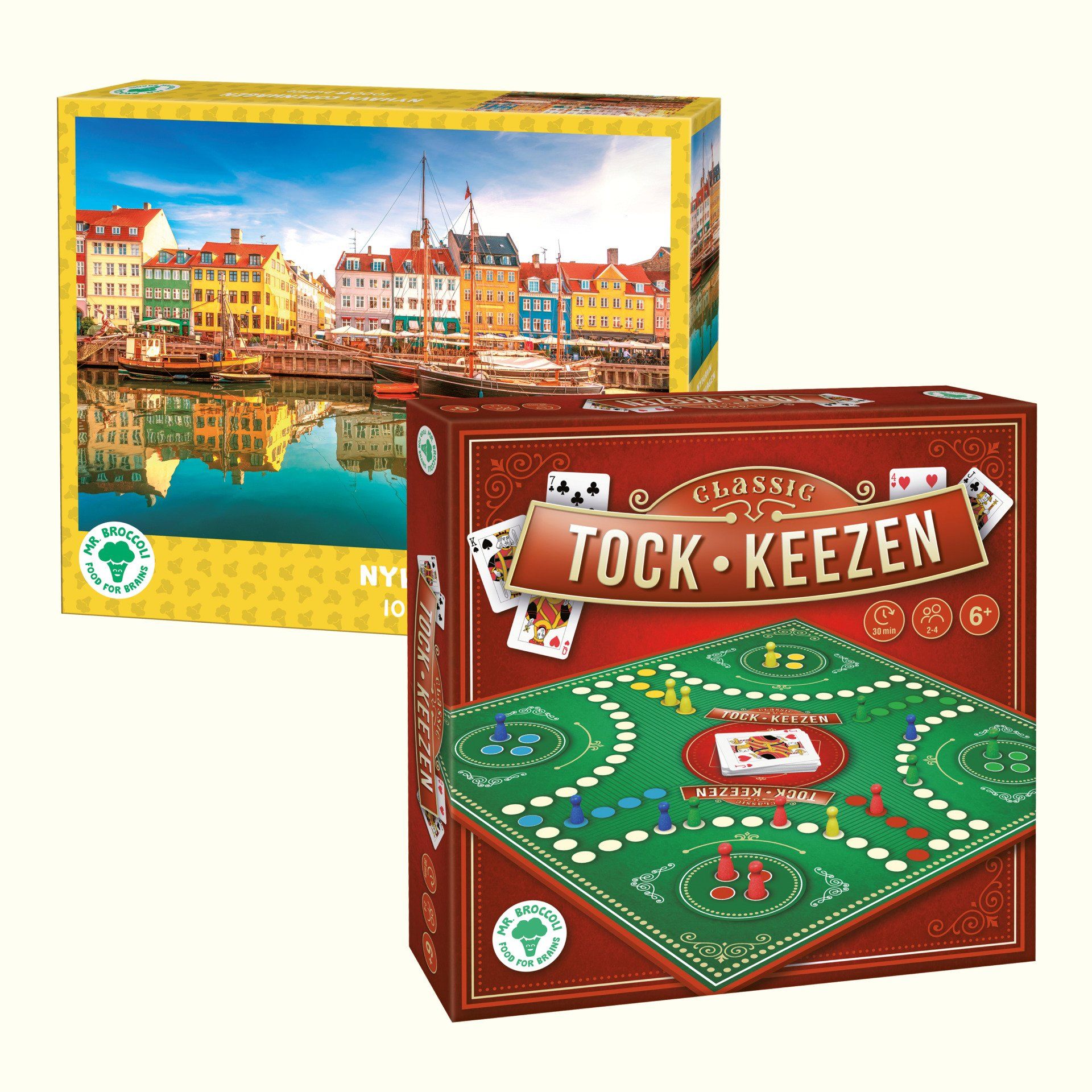 Een puzzeldoos met een kleurrijke havenscène naast een doos van het Tock-Keezen-bordspel op een lichte achtergrond.