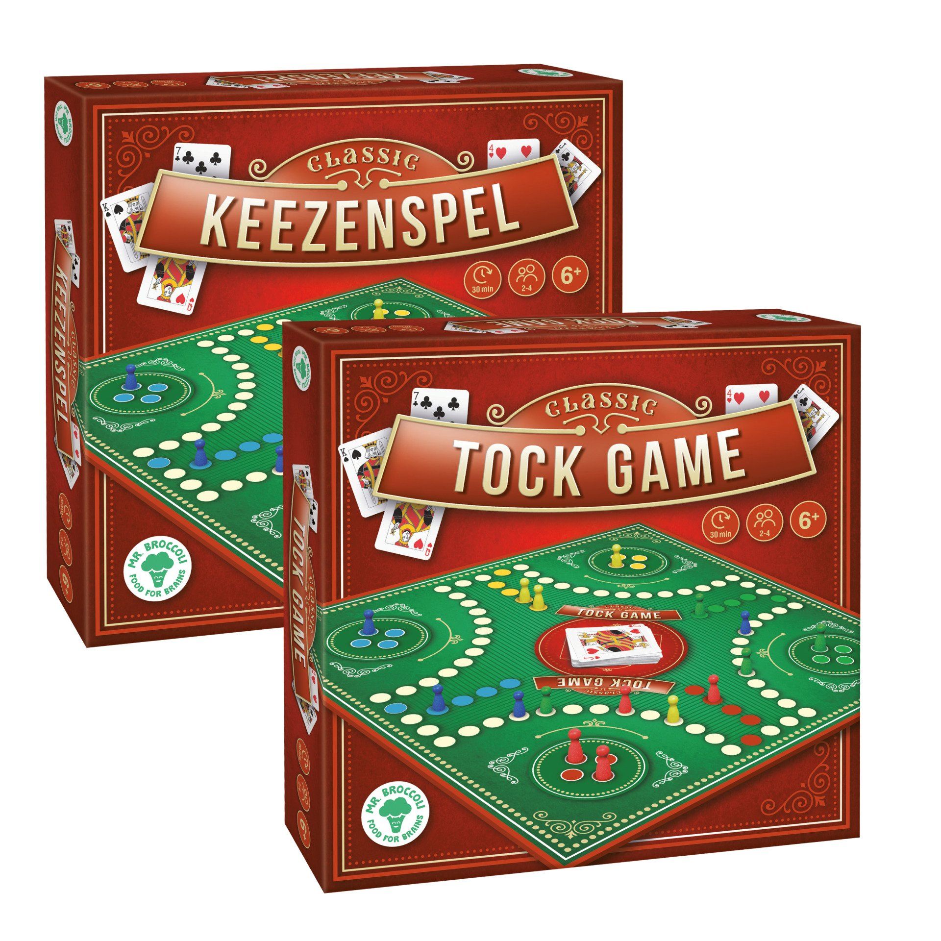 Twee dozen Keezenspel/Tock-bordspellen, met rode verpakking, een groen speelbord en groene speelkaarten.