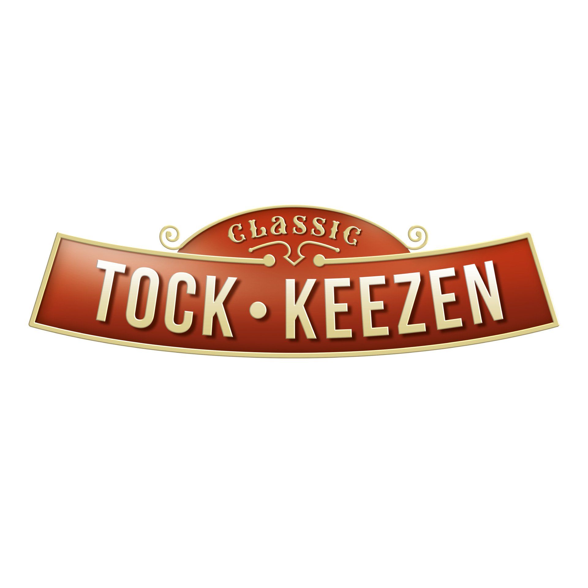 Een rood logo met een gebogen banner met de crèmekleurige tekst 